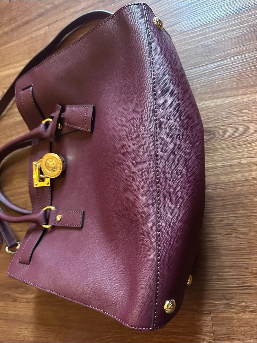 Michael Kors Hamilton Deep Merlot Leather Satchel Gold Hardware